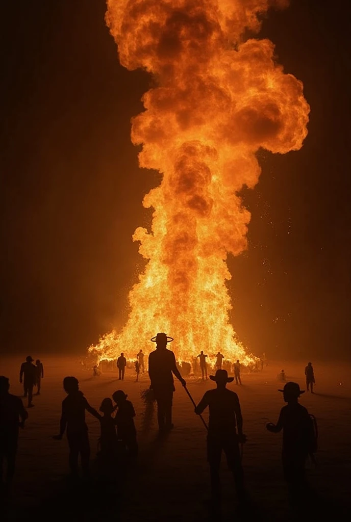 Black women dancing around fire and smoke with a nedium sized White male wearing a velvet suit with a velvet top hat doing Voodoo in the desert with lighting 