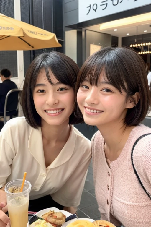  High Quality、 Japanese、Beauty、 short hair、Two people、smile、round face、lunch