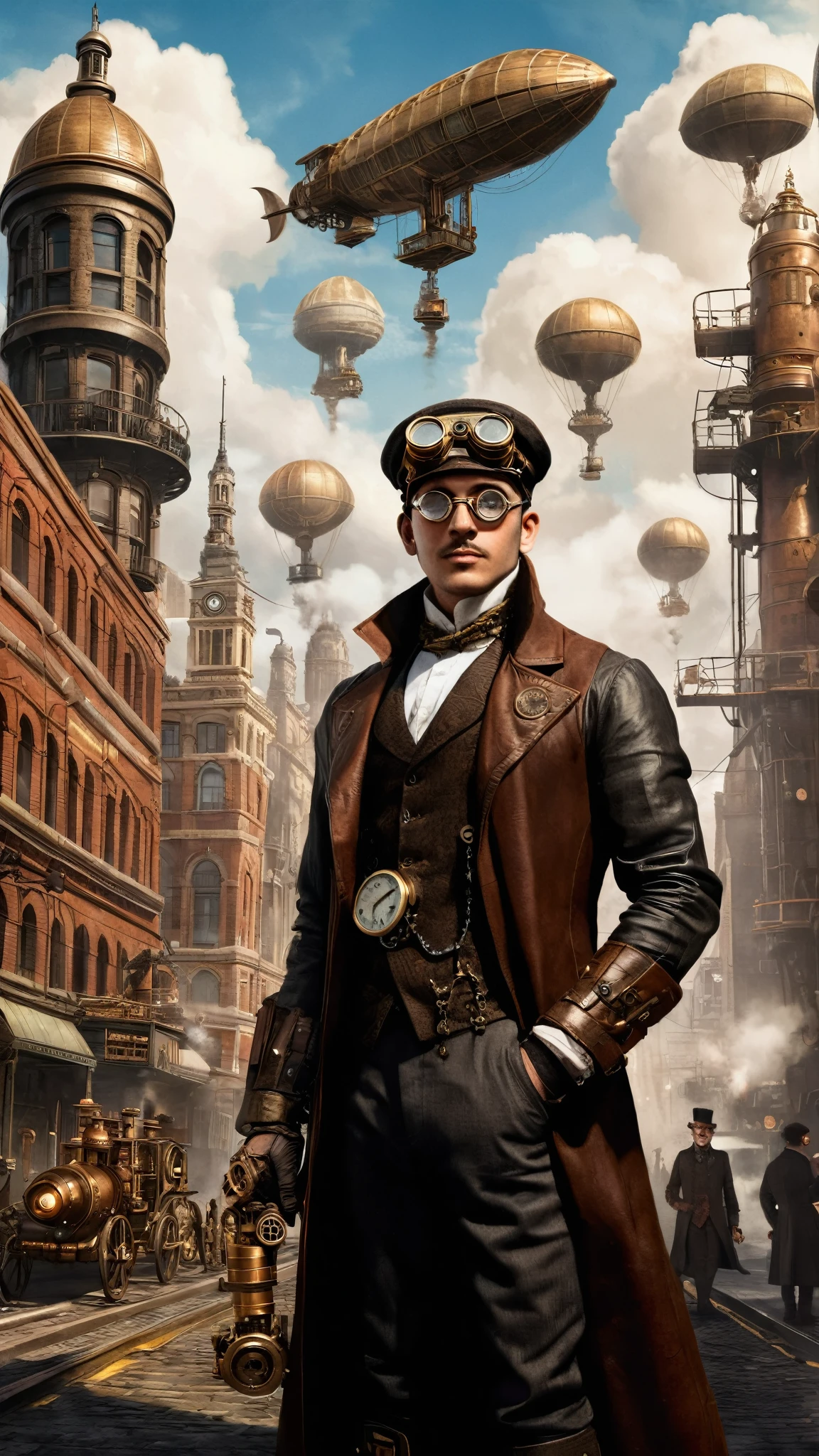 A breathtaking steampunk cityscape with towering buildings adorned with gears and steam pipes, airships floating in the sky, and a bustling street filled with people wearing Victorian-era attire with steampunk accessories. Include a central character wearing a leather coat, brass goggles, and mechanical arm, standing confidently with a backdrop of an industrial revolution.