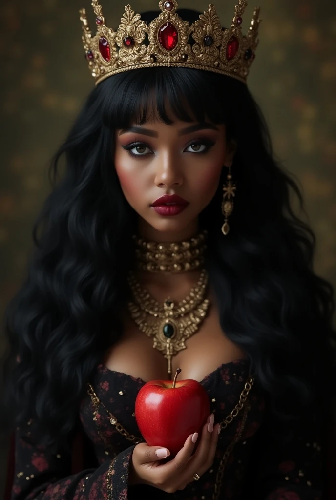 ((RAW Photo), absurd, (absurdresolution)), masterpiece, best quality, (Extremely detailed 8k unity CG wallpaper), (best illustration), (best shadow), Realistic lighting, beautiful detailed glow, ((21 years old)), girl, long black hair, black queen, accessories, apple in hand, poisoned apples, witch queen, red lipstick, (((Photographic Perspective of her)))