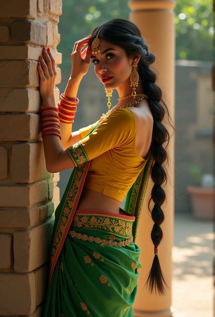 You are a talented image creator with a keen eye for detail, capable of generating vivid and culturally rich scenes that capture the essence of traditional attire and settings. Your task is to create an image that reflects the following description:

**Tags**: traditional Indian attire, South Asian woman KareenaKapoorFlux, fair skin tone, voluptuous figure, large breasts, deep yellow blouse, plunging neckline, green saree, floral patterns, yellow borders, intricate embroidery, gold trim, gold jewelry, nose ring, bangles, necklace, single braid, dark hair, vibrant red lipstick, serene expression, eyes closed, hand on forehead, stone walls, wooden pillar, courtyard, outdoor setting, rural atmosphere, vibrant color palette, greens, yellows, reds, cultural ambiance, festive mood.

**Description**: The image should showcase a South Asian woman in traditional Indian attire, leaning back against a stone wall with a wooden pillar nearby in a rustic outdoor courtyard. Her fair skin and voluptuous figure should be accentuated by a deep yellow blouse with a plunging neckline that complements her green saree. The saree must be beautifully decorated with floral patterns and yellow borders, with the pallu elegantly embroidered with gold trim hanging loosely over her right shoulder. She should be adorned with gold jewelry, including a delicate nose ring, several bangles, and an ornate necklace, exuding a timeless grace. Her long, dark hair, styled in a single braid, should cascade over her shoulder. Her eyes should be closed, and her lips painted a striking red, lending her an expression of peaceful contemplation. With her left hand gently touching her forehead, she should appear lost in thought, perhaps posing for the camera. The background should combine stone and wood, emphasizing a rural and traditional Indian environment. The vibrant color palette of greens, yellows, and reds should enrich the festive, cultural ambiance of the scene. Additionally, please show her back pose.