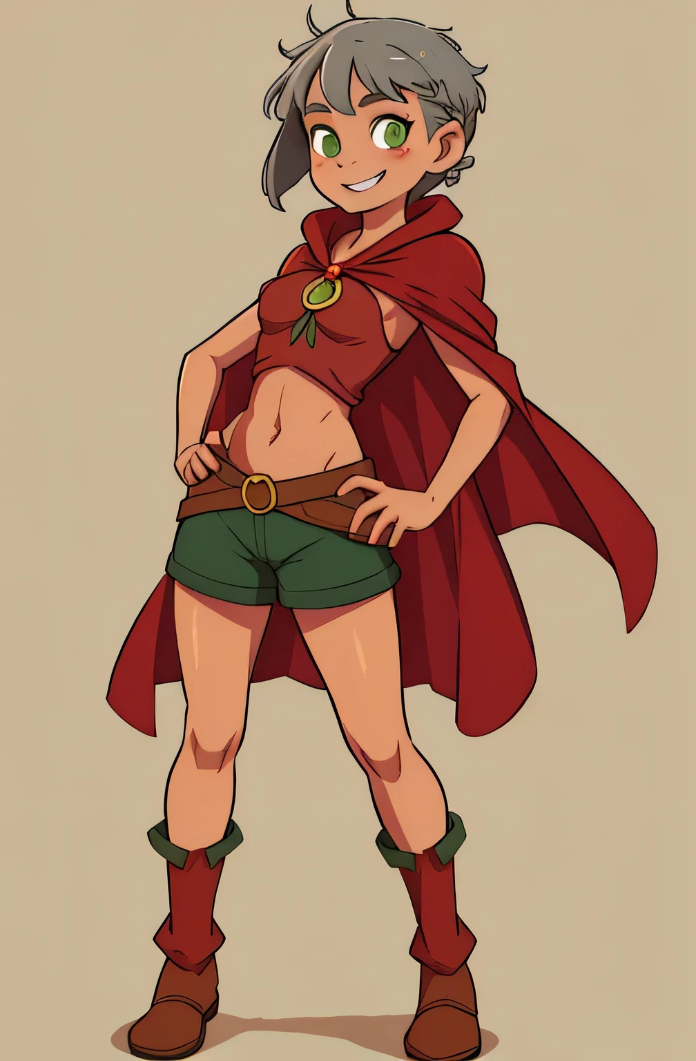 Lina, green eyes, gray hair, double braid, short hair, red cape, brown shirt, bare cap, medium chest, thigh, cum  Standing </t ask, full body, smile </rad