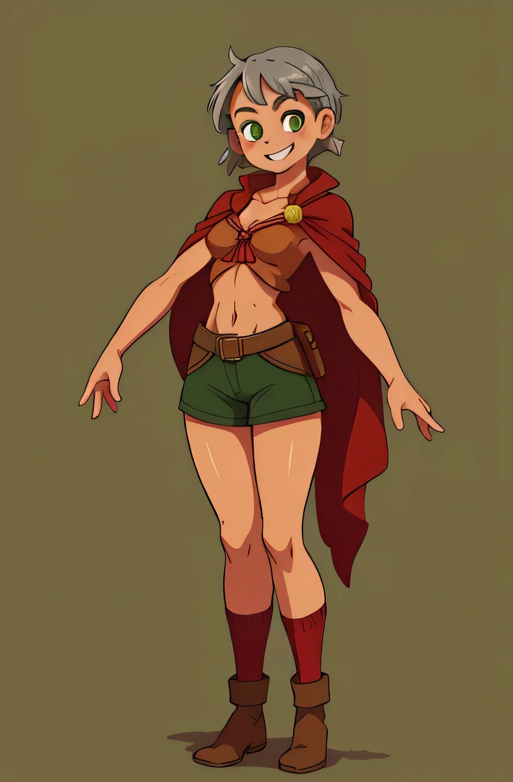 Lina, green eyes, gray hair, double braid, short hair, red cape, brown shirt, bare cap, medium chest, thigh, cum  Standing </t ask, full body, smile </rad