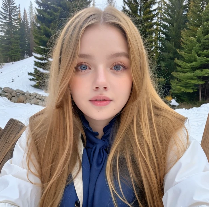 Pretty woman,cute,huge natural breasts, blonde hair curly/flowing, detailed dark BLUE eyes and face, not to skinny, make it ultra-realistic, western european girl, in the snow in the mountains, military uniform (modern military clothing elelments), extremely detailed blue eyes, extremely long wavy blonde hair.