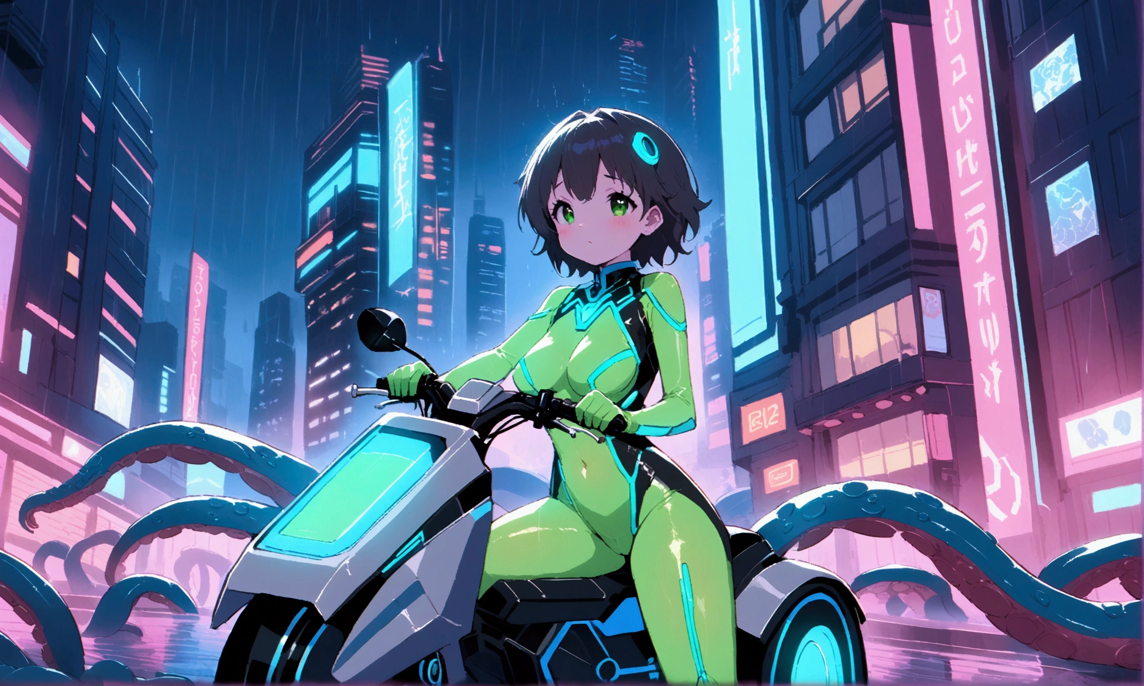 a cute woman in Tron world (cute, age 25, green neon high light sexy body suit, riding a Tron light cycle) is hurrying to a blue neon building on a Tron neon lit street at night. busy Tron city in rain, tentacles
