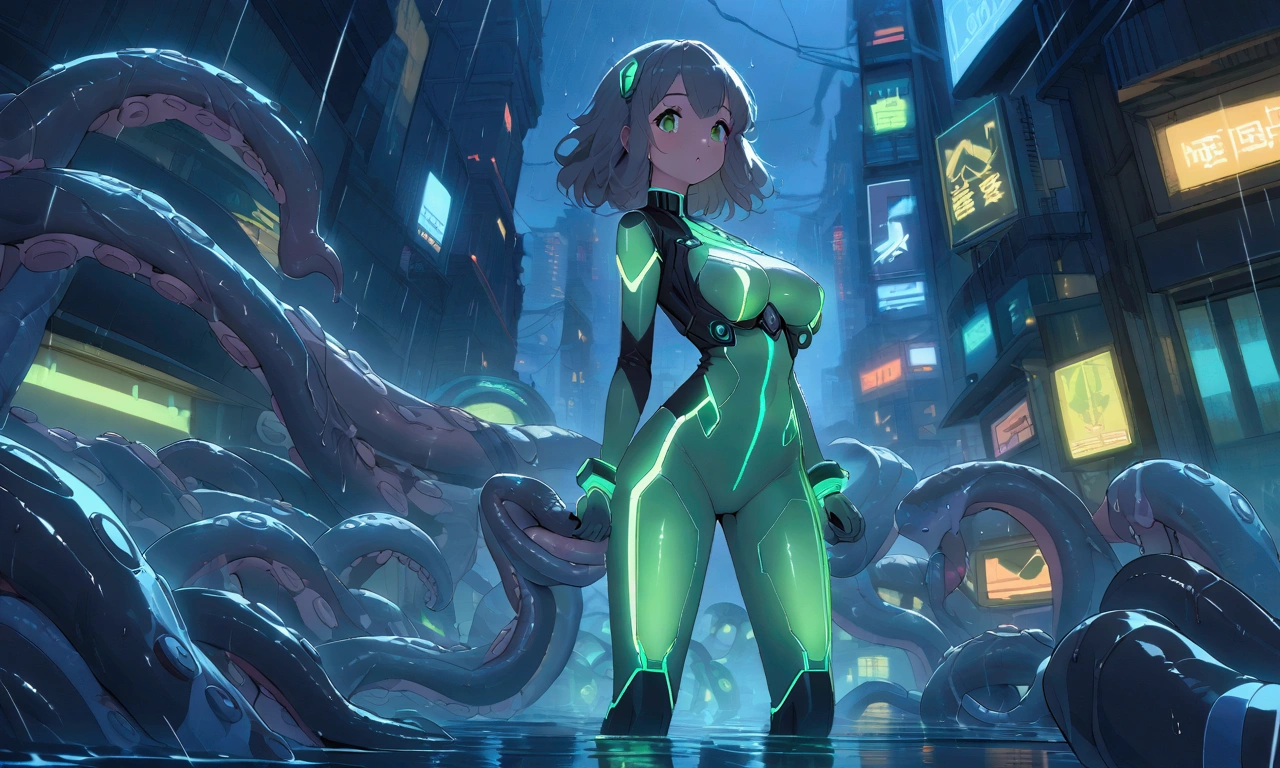 a cute woman in Tron world (cute, age 25, green neon high light sexy body suit, riding a Tron light cycle) is hurrying to a blue neon building on a Tron neon lit street at night. busy Tron city in rain, tentacles
