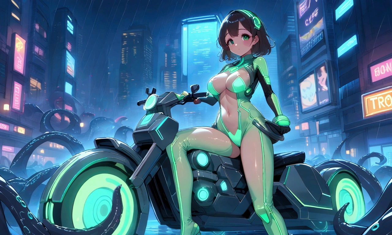 a cute woman in Tron world (cute, age 25, green neon high light sexy body suit, riding a Tron light cycle) is hurrying to a blue neon building on a Tron neon lit street at night. busy Tron city in rain, tentacles
