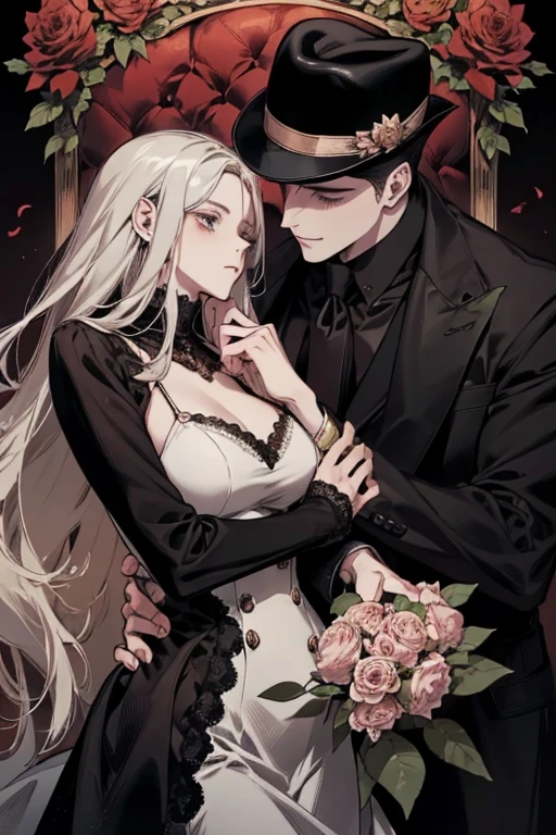 чрезвычайно detailsзированные лица, Good Skin, details, 8K, gothic handsome fit male vampire, a pretty young girl with white hair straddled him in a pale pink dress with bows and ruffles, gothic novel, a passionate kiss
