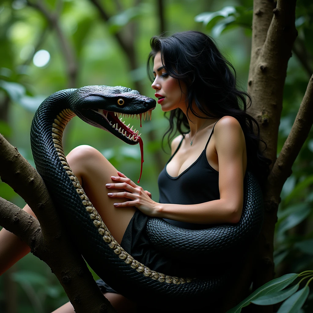 Pregnant Happy Horny, aroused 1girl), beautiful kneeling Findian young teen girl with giant colossal black titanboa squeezing her hard, wrapped in thick spiraling coils, constricted, struggle, gasping for air, snake attack, snake peril, moonless night, dim light