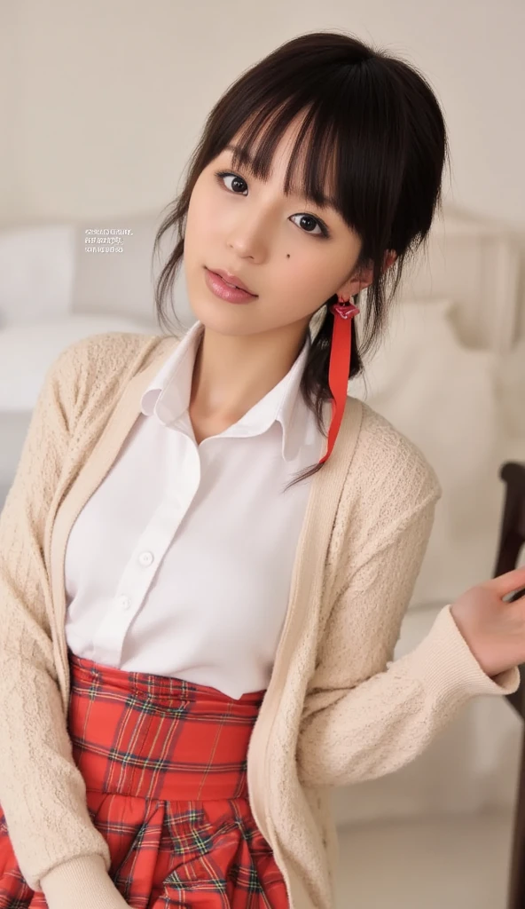 (((8k、 Hi-Res、Best Quality、 Hi-Res)))Alone、Natural body shape、 white skin、  natural makeup、 black hair、bangs、Straight hair 、、((High School Uniform)) 、(( beige cardigan 、long sleeve blouse with white collar ))、(( red plaid pleated skirt))、(Red school ribbon),((The upper body is wearing a uniform))、((((( Staring at the Camera )))))、(((Head to shin portrait)))、((( exposes the thighs)))、bedroom、 bed、 sitting with legs open 、((Focus on crotch))、 holding white socks 

