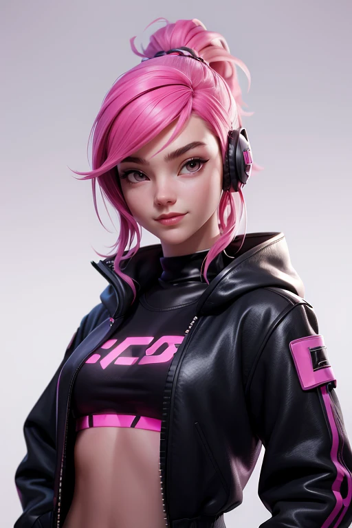 Cute girl with pink hair, black sweatshirt, AuriculAres, cyberpunk,  looking at the spectator, hair band,  seductive pose ,  Slim Body Coats,  seductive smile ,  Natural lighting,  ultra resolution ,  plain white background , without patterns, No textures.