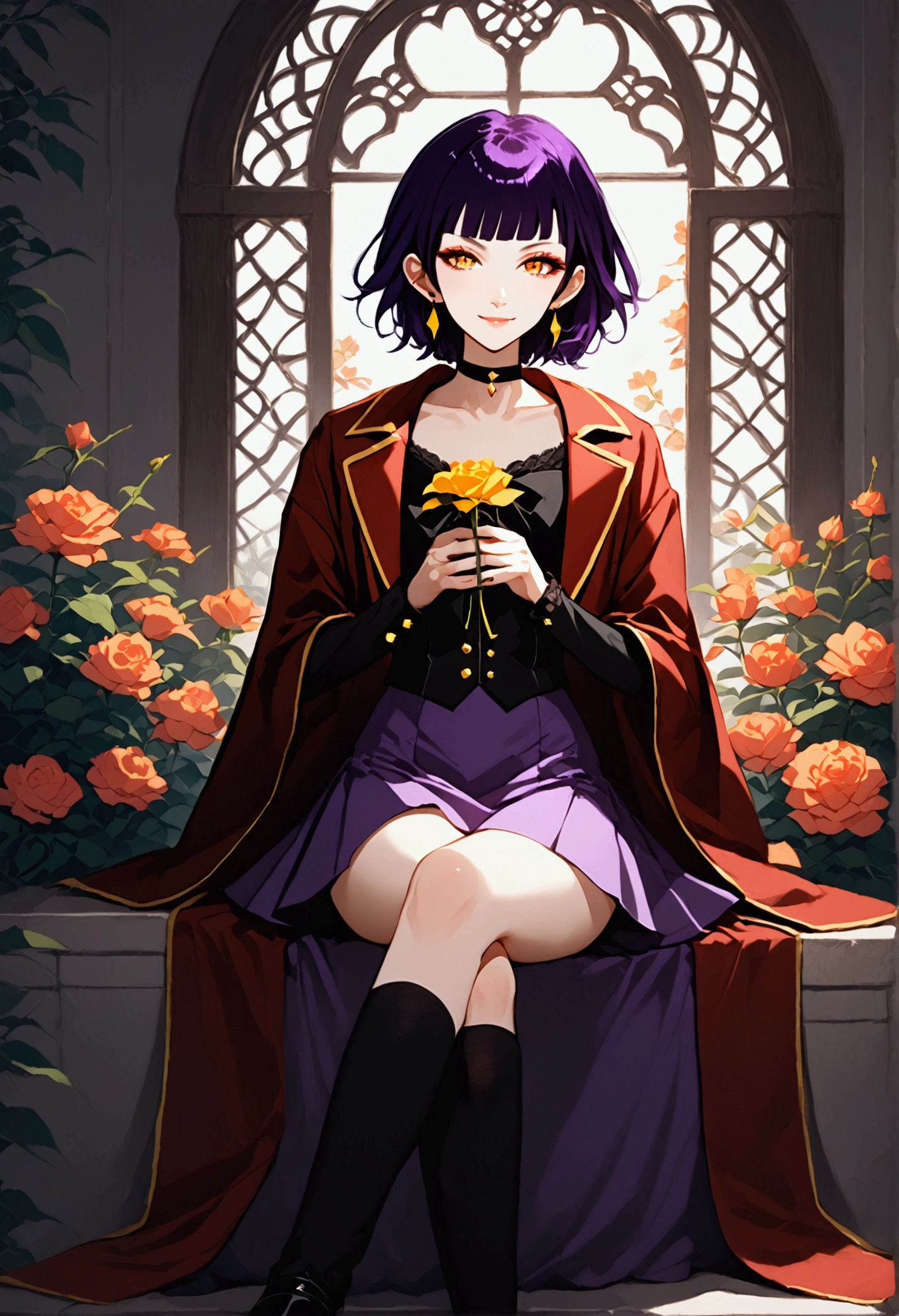 Androgynous femboy, dark purple bob hair with red highlights, orange-yellow eyes, mole under the left eye, lined eyelashes, amused smile, slender defined body, flat chest, earrings in the ears, purple nails, black hair bow, black choker, red open overcoat, purple cropped, purple short skirt, black 3/4 socks, black boots with heels, crossdressing, crossed legs, holding a flower, anime style.