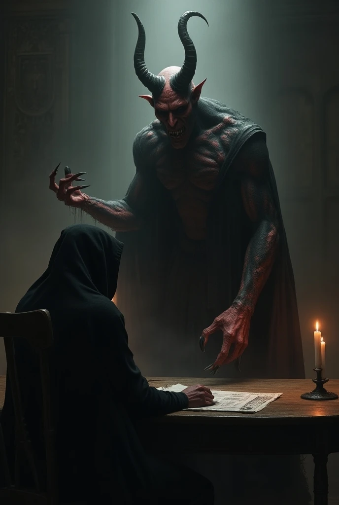 Man and demon signing a pact in a dark room lit only by black candles