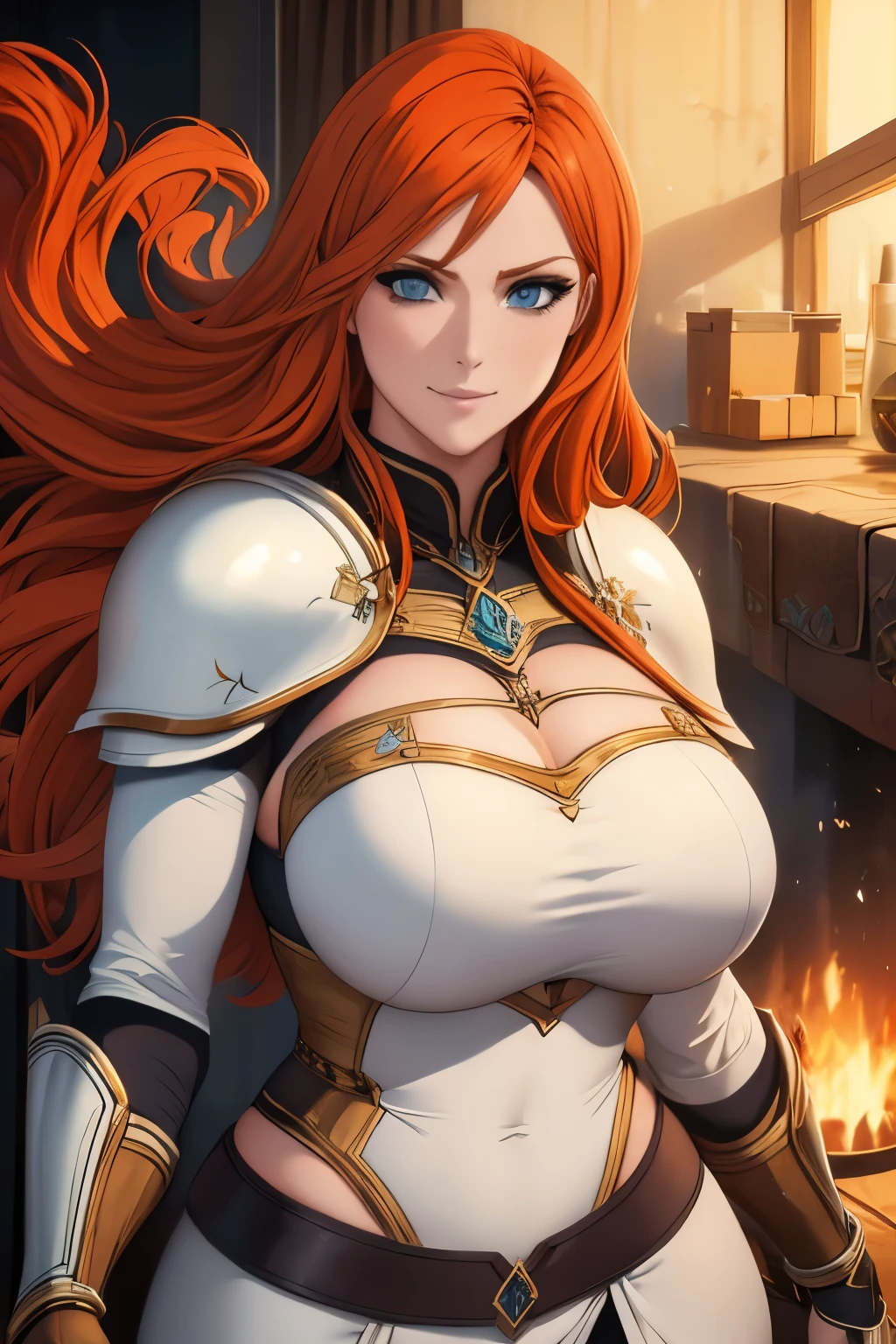 Woman , long orange hair, ginger hair, blue eyes, smiling, White armors, black pants, big boobs, wide hips, large thighs,
