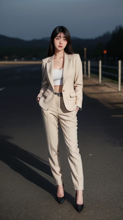 cinematic lighting, masterpiece, UHD, anatomically correct, textured skin, super detail, high quality, award winning, highres, 16k, 8k, full body shot, a young korean woman, age 25, medium breast, ((Tailored Pants with a Fitted Blazer)), proud pose, neutral expression, blurred surroundings, Center of attention.