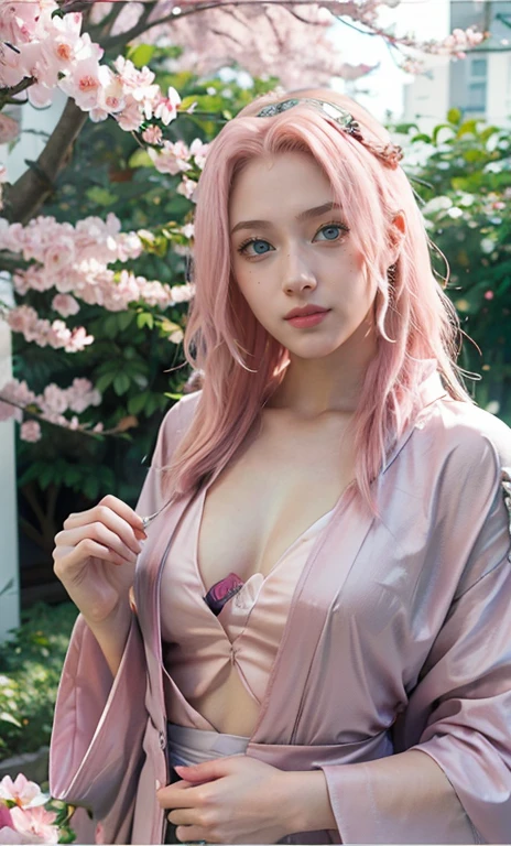 highly detailed and intricate background, absurdist, high resolution, ultra detailed, 1 Japanese fashion model, Yae Miko, pink hair, purple eyes, (floral branch:1.3), (Zentangle:1.2), (Geometric:1.2), colorful