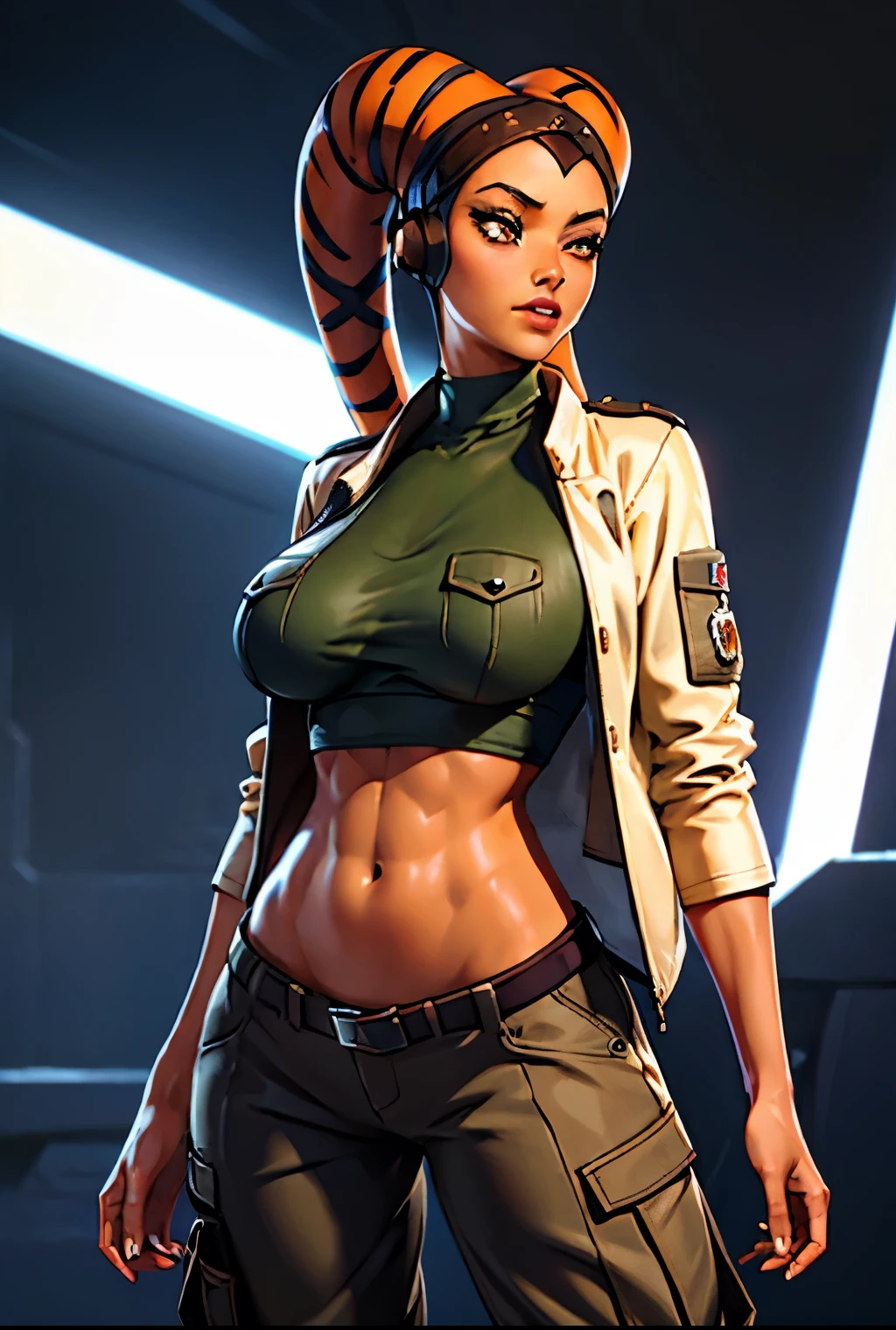 Best quality, masterpiece, work of masters, CRISP image, 8k, finely detailed, high definition, UHD, cinematic still, 1girl, (light orange skin), (TWILEK), (Body = SKINNY, svelte, lithe, willowy, slender, thin legs:1.2, narrow hips:1.2), highly detailed gorgeous face, high definition face, bimbolips:1.2, detailed eyes, GIGANTIC:1.6 SAGGY breasts, lekku stripes, ((shirt, jacket, (cargo pants))), dramatic lightning.