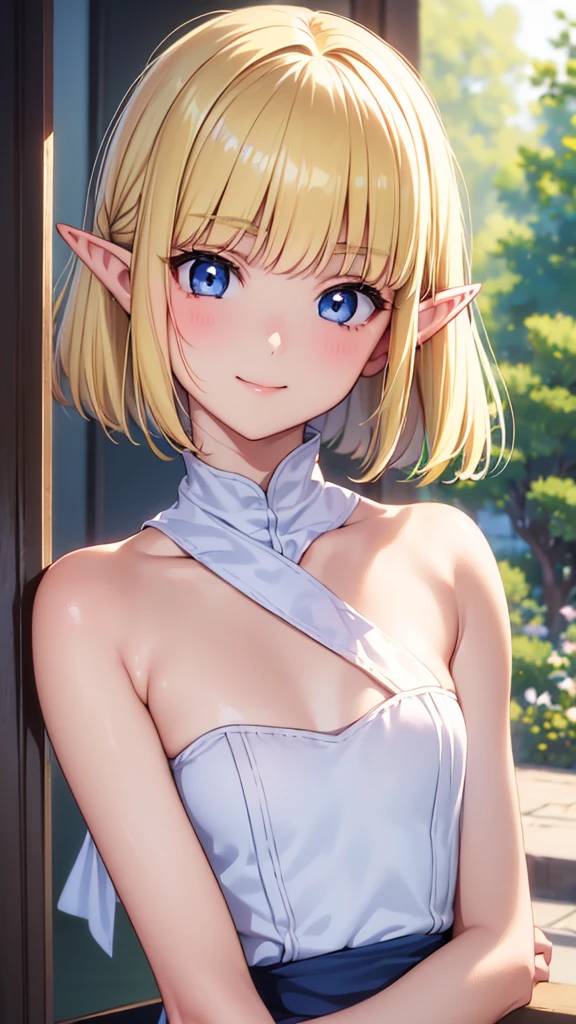 Very close、(( concentrating on upper body ))、16k、masterpiece、 Hi-Res、 Hi-Res、(( 1 Young Elf Woman ))、((  Beautiful White Skin  ))、(( beautiful blonde ))、(( small breasts))、Bunhead、 short hair、((  Beautiful Blue Eyes Bandaged Throughout))、((Pointy Ears))、Smiling Kindly、Green、、 pink lip gloss、shiny skin、((ruffle top ))、Open Cafe