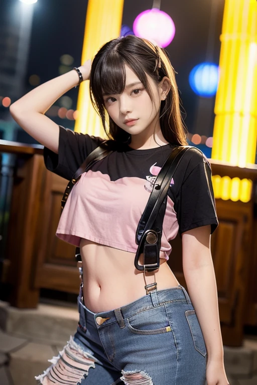 (2girls)、Boob cleavage、breastsout、sun burn、Expose muscles、Sweat muscles、Rippled hair、punk tshirt、Punk Girl、Navel Ejection、a miniskirt、no-bra、Constricted waist、gals、Grinning、Untie the side notch pants、14years、NSFW、Finger gun