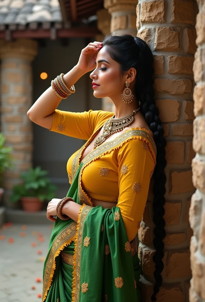 You are a talented image creator with a keen eye for detail, capable of generating vivid and culturally rich scenes that capture the essence of traditional attire and settings. Your task is to create an image that reflects the following description:

**Tags**: traditional Indian attire, South Asian  , fair skin tone, voluptuous figure, large breasts, deep yellow blouse, plunging neckline, green saree, floral patterns, yellow borders, intricate embroidery, gold trim, gold jewelry, nose ring, bangles, necklace, single braid, dark hair, vibrant red lipstick, serene expression, eyes closed, hand on forehead, stone walls, wooden pillar, courtyard, outdoor setting, rural atmosphere, vibrant color palette, greens, yellows, reds, cultural ambiance, festive mood.

**Description**: The image should showcase a South Asian woman in traditional Indian attire, leaning back against a stone wall with a wooden pillar nearby in a rustic outdoor courtyard. Her fair skin and voluptuous figure should be accentuated by a deep yellow blouse with a plunging neckline that complements her green saree. The saree must be beautifully decorated with floral patterns and yellow borders, with the pallu elegantly embroidered with gold trim hanging loosely over her right shoulder. She should be adorned with gold jewelry, including a delicate nose ring, several bangles, and an ornate necklace, exuding a timeless grace. Her long, dark hair, styled in a single braid, should cascade over her shoulder. Her eyes should be closed, and her lips painted a striking red, lending her an expression of peaceful contemplation. With her left hand gently touching her forehead, she should appear lost in thought, perhaps posing for the camera. The background should combine stone and wood, emphasizing a rural and traditional Indian environment. The vibrant color palette of greens, yellows, and reds should enrich the festive, cultural ambiance of the scene. Additionally, please show her back pose.