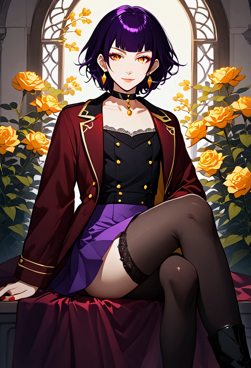 Androgynous femboy, dark purple bob hair with red highlights, orange-yellow eyes, mole under the left eye, lined eyelashes, amused smile, slender defined body, flat chest, earrings in the ears, purple nails, black hair bow, black choker, red open overcoat, purple cropped, purple short skirt, black 3/4 socks, black boots with heels, crossdressing, crossed legs, holding a flower, anime style.