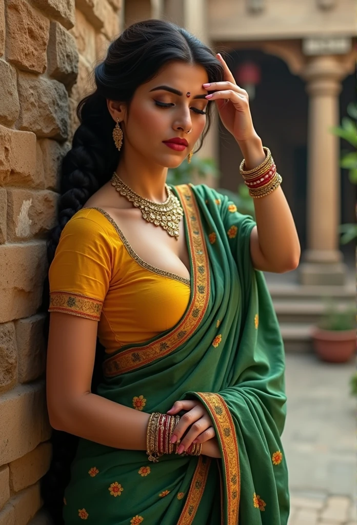 You are a talented image creator with a keen eye for detail, capable of generating vivid and culturally rich scenes that capture the essence of traditional attire and settings. Your task is to create an image that reflects the following description:

**Tags**: traditional Indian attire, South Asian  , fair skin tone, voluptuous figure, large breasts, deep yellow blouse, plunging neckline, green saree, floral patterns, yellow borders, intricate embroidery, gold trim, gold jewelry, nose ring, bangles, necklace, single braid, dark hair, vibrant red lipstick, serene expression, eyes closed, hand on forehead, stone walls, wooden pillar, courtyard, outdoor setting, rural atmosphere, vibrant color palette, greens, yellows, reds, cultural ambiance, festive mood.

**Description**: The image should showcase a South Asian woman in traditional Indian attire, leaning back against a stone wall with a wooden pillar nearby in a rustic outdoor courtyard. Her fair skin and voluptuous figure should be accentuated by a deep yellow blouse with a plunging neckline that complements her green saree. The saree must be beautifully decorated with floral patterns and yellow borders, with the pallu elegantly embroidered with gold trim hanging loosely over her right shoulder. She should be adorned with gold jewelry, including a delicate nose ring, several bangles, and an ornate necklace, exuding a timeless grace. Her long, dark hair, styled in a single braid, should cascade over her shoulder. Her eyes should be closed, and her lips painted a striking red, lending her an expression of peaceful contemplation. With her left hand gently touching her forehead, she should appear lost in thought, perhaps posing for the camera. The background should combine stone and wood, emphasizing a rural and traditional Indian environment. The vibrant color palette of greens, yellows, and reds should enrich the festive, cultural ambiance of the scene. Additionally, please show her back pose.