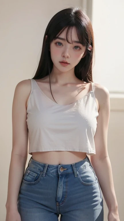 cinematic lighting, masterpiece, UHD, anatomically correct, textured skin, super detail, high quality, award winning, highres, 16k, 8k, full body shot, a young korean woman, age 25, medium breast, ((Slip Top with Cropped Flare Jeans)), proud pose, neutral expression, blurred surroundings, Center of attention.