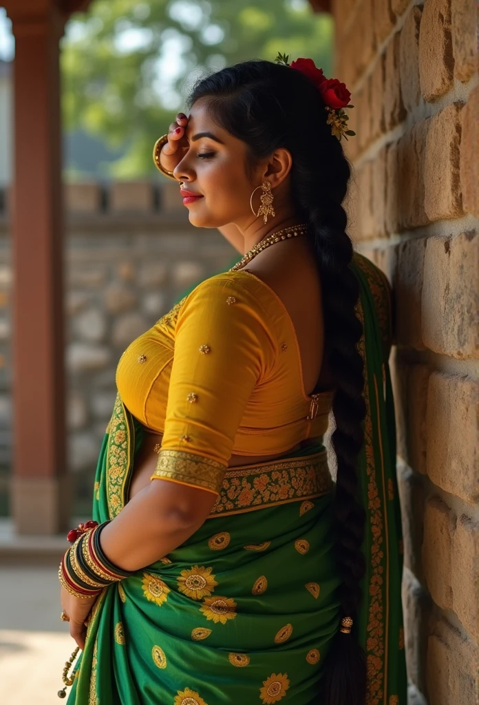 

**Tags**: traditional Indian attire, South Asian  , fair skin tone, voluptuous figure, large breasts, deep yellow blouse, plunging neckline, green saree, floral patterns, yellow borders, intricate embroidery, gold trim, gold jewelry, nose ring, bangles, necklace, single braid, dark hair, vibrant red lipstick, serene expression, eyes closed, hand on forehead, stone walls, wooden pillar, courtyard, outdoor setting, rural atmosphere, vibrant color palette, greens, yellows, reds, cultural ambiance, festive mood.

**Description**: The image should showcase a South Asian woman in traditional Indian attire, leaning back against a stone wall with a wooden pillar nearby in a rustic outdoor courtyard. Her fair skin and voluptuous figure should be accentuated by a deep yellow blouse with a plunging neckline that complements her green saree. The saree must be beautifully decorated with floral patterns and yellow borders, with the pallu elegantly embroidered with gold trim hanging loosely over her right shoulder. She should be adorned with gold jewelry, including a delicate nose ring, several bangles, and an ornate necklace, exuding a timeless grace. Her long, dark hair, styled in a single braid, should cascade over her shoulder. Her eyes should be closed, and her lips painted a striking red, lending her an expression of peaceful contemplation. With her left hand gently touching her forehead, she should appear lost in thought, perhaps posing for the camera. The background should combine stone and wood, emphasizing a rural and traditional Indian environment. The vibrant color palette of greens, yellows, and reds should enrich the festive, cultural ambiance of the scene. Additionally, please show her back pose.