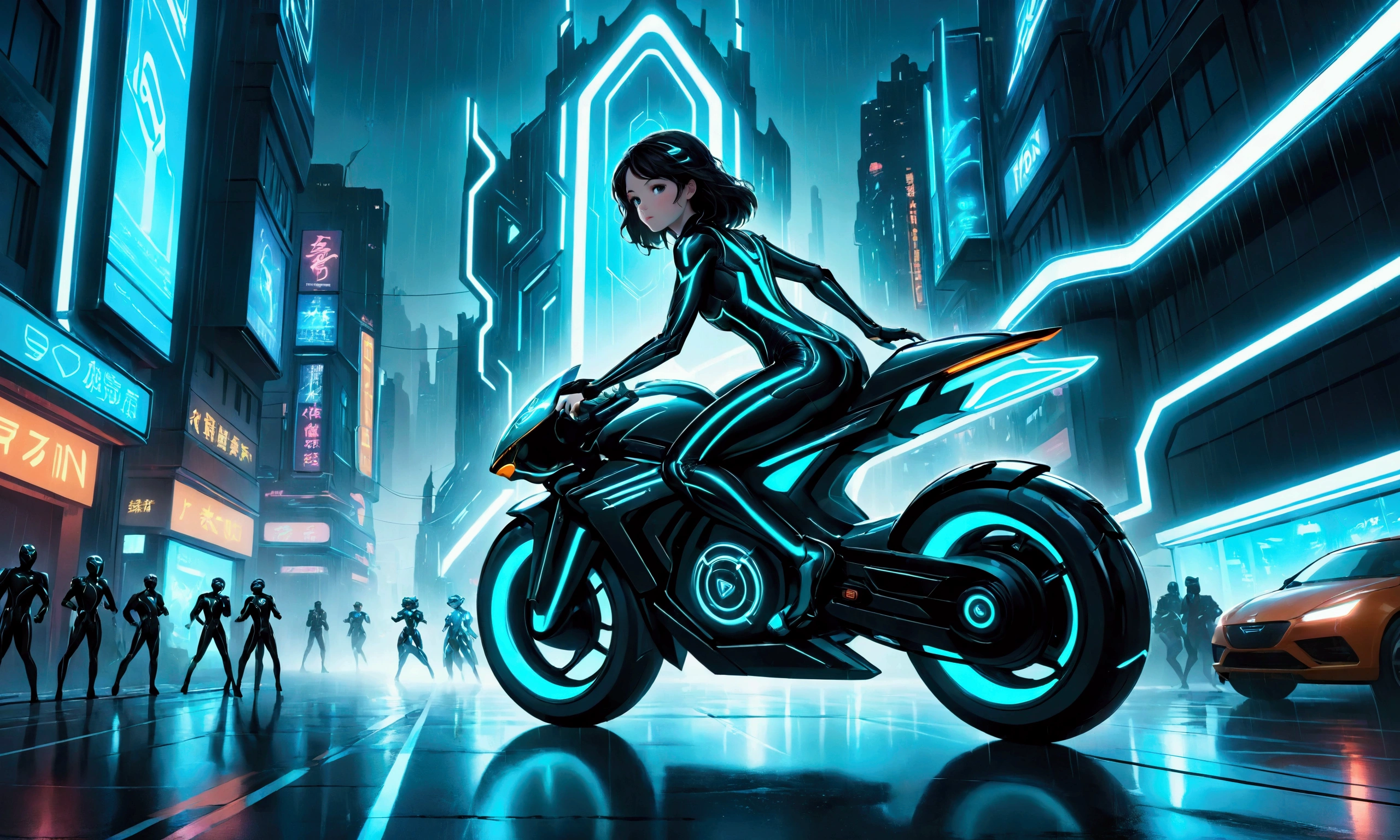 ((Anime poster of a girl in a TRON LEGACY style suit driving a futuristic motorcycle with a mecha city in the background)), Ir Nagai, movie poster, movie promotional art, editado en 3d como el corredor de velocidad , ova style, movie artwork, mecha anime, (nsfw:1.4), ((CHICA DELGADA)), ((pechos duros)), ((small breasts)), ((pose sexual))