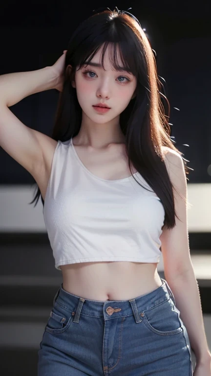 cinematic lighting, masterpiece, UHD, anatomically correct, textured skin, super detail, high quality, award winning, highres, 16k, 8k, full body shot, a young korean woman, age 25, medium breast, ((Slip Top with Cropped Flare Jeans)), proud pose, neutral expression, blurred surroundings, Center of attention.