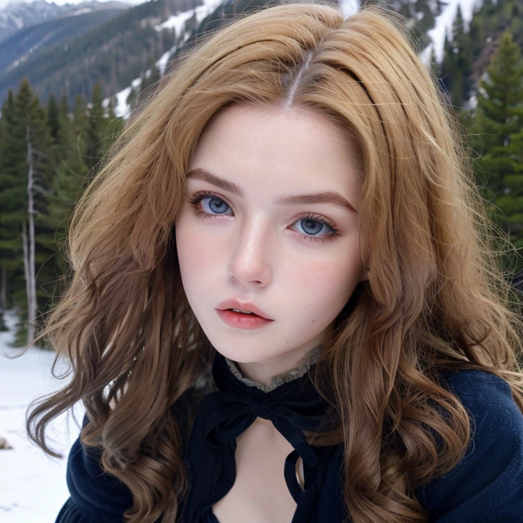 Pretty woman,cute,huge natural breasts, blonde hair curly/flowing, detailed dark BLUE eyes and face, not to skinny, make it ultra-realistic, western european girl, in the snow in the mountains, military uniform (modern military clothing elelments), extremely detailed blue eyes, extremely long wavy blonde hair.