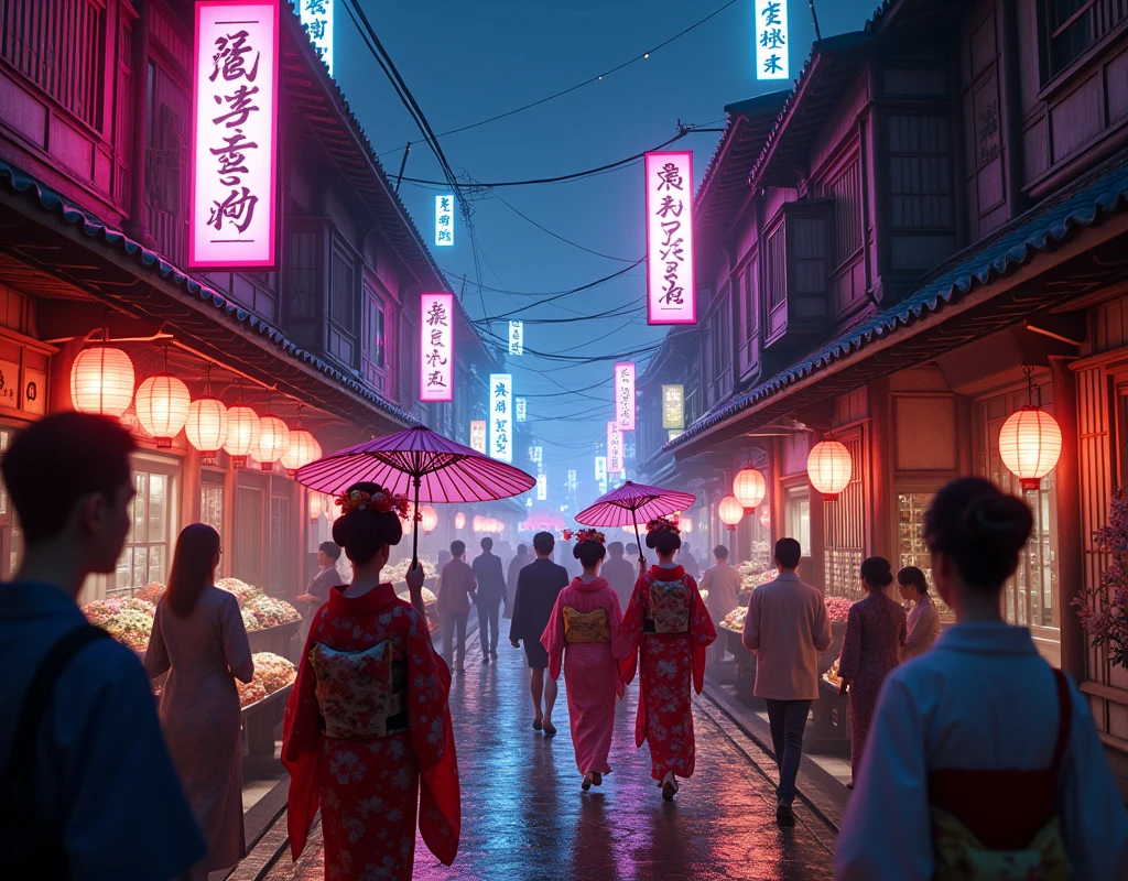 「江戸時代の吉原遊郭をテーマにした幻想的な夜景。伝統的な日本の木造建築が連なる細い路地には、鮮やかなピンク、ブルー、パープルのネオンライトが現代的なサイバーパンク風に光り輝いている。路地の両脇に並ぶ建物には、紙提灯が優しい光を放ち、さらにネオンサインが和の雰囲気に異世界的な彩りを加えている。豪華で華やかな着物を着たたちが通りを歩き、人々は賑やかに談笑している。上空の暗い夜空をバックに、幻想的な明るい光が街全体を包み込み、江戸時代の情景とサイバーパンクの未来感が見事に融合した不思議な風景。」