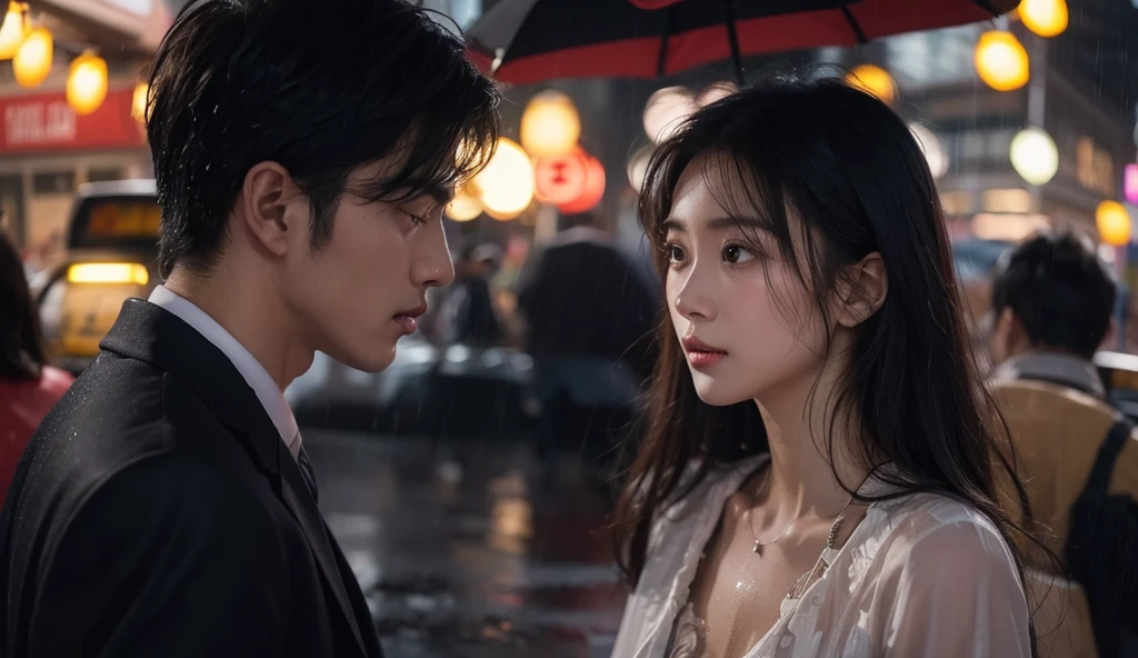 RAW, photorealistic. Two Romantic couple, a beaugiful chinese woman, crying, sad, face facing upwards, Joker Make up, white t- shirt. there is a young korean man wearing black pinstripe suit, hugging her, hyper realistic. rain, wet, in a slum area, in the city of Jakarta. quiet atmosphere. intricately detailed, cinematic lighting, sharp focus. Dynamic pose, dynamic view.