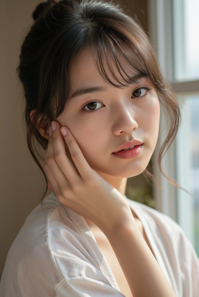 (8K, RAW photo, highest quality, High resolution:1.1), (hyperrealistic:1.4),(realistic, photorealistic:1.3), soft light,realistic face,realistic body,realistic skin,disorganized,masterpiece,(cute:1.8),(leaning forward:1.8),(From above:1.2),(close:1.4),crawl on all fours,throw,( Detailed white loose t-shirt:1.2),(Beautiful breasts:0.9),(long hair,ponytail),(big:1.2),cleavage,fine black eyes,innocent eyes,droopy eyes,Watery eye,open lips,blush,good style,cinema light,film Grain,close,look viewer,full Body,Depth of field, blurred background,Eye focus,young,85mm lens, f/ 1.4,professional lighting,portrait,photon mapping,radio city,Physically based rendering,Transparency,Day本の女の子,Day,Sunny,outdoor
