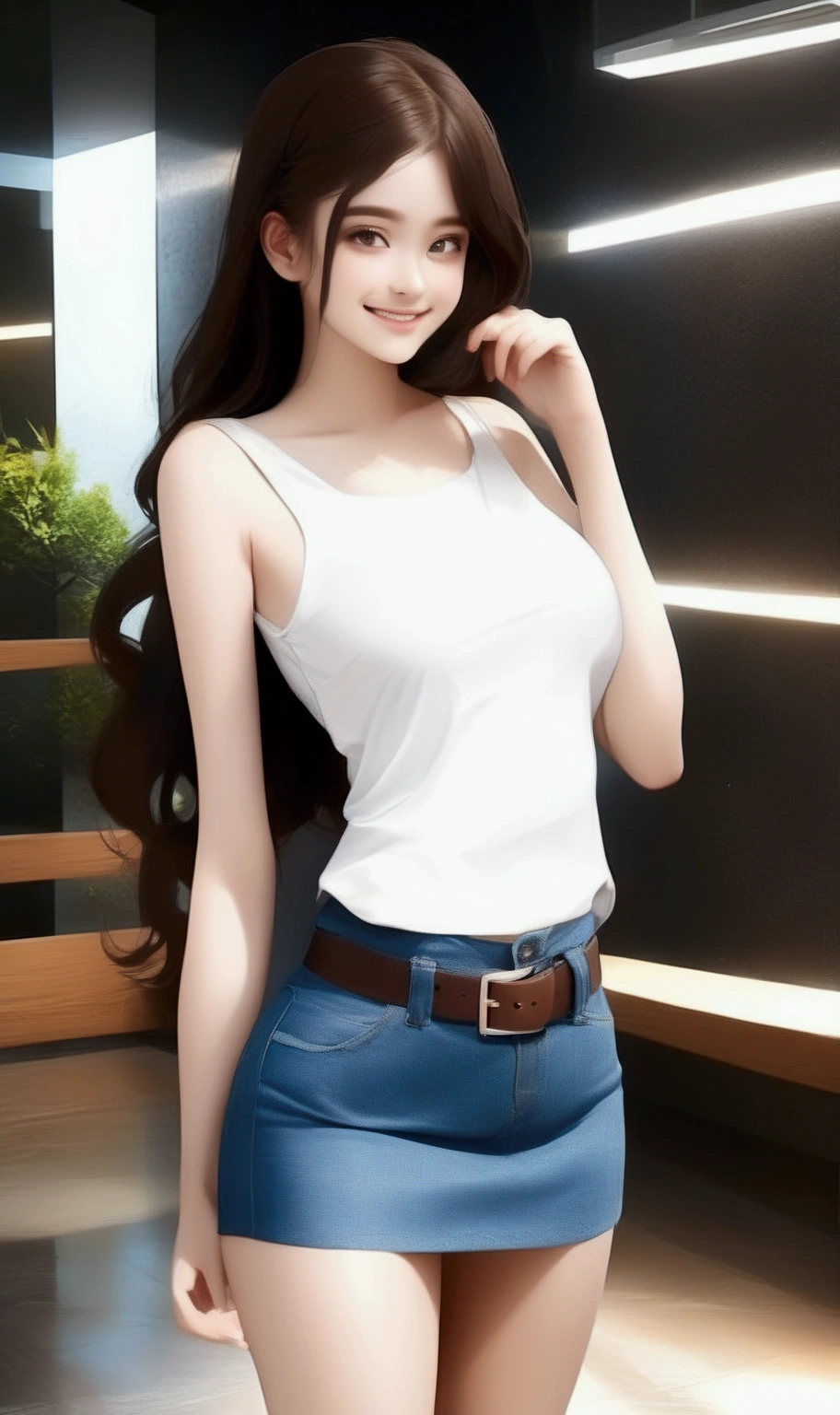 adorable teenage girl, smiling, show her teeth, standing pose near the corner of wall, she is in dark-brown medium hair (+forehead), wears  gray tank top,  denim pencil skirt with brown belt, BREAK, (1girl, solo, full body, looking at viewer, front view), (best quality,4k,8k,highres,masterpiece:1.2),cinematic lighting,moody lighting,dramatic shadows,vibrant colors, (expressive eyes, perfect face, perfect anatomy)