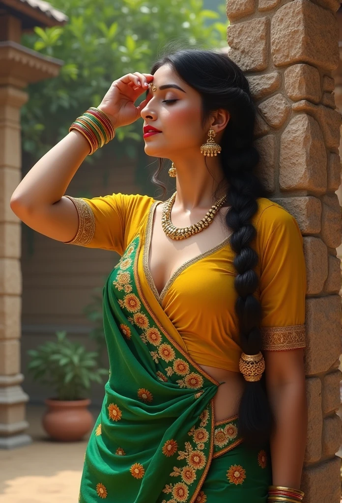 

**Tags**: traditional Indian attire, South Asian  , fair skin tone, voluptuous figure, large breasts, deep yellow blouse, plunging neckline, green saree, floral patterns, yellow borders, intricate embroidery, gold trim, gold jewelry, nose ring, bangles, necklace, single braid, dark hair, vibrant red lipstick, serene expression, eyes closed, hand on forehead, stone walls, wooden pillar, courtyard, outdoor setting, rural atmosphere, vibrant color palette, greens, yellows, reds, cultural ambiance, festive mood.

**Description**: The image should showcase a South Asian woman VidyaBalanFlux
 in traditional Indian attire, leaning back against a stone wall with a wooden pillar nearby in a rustic outdoor courtyard. Her fair skin and voluptuous figure should be accentuated by a deep yellow blouse with a plunging neckline that complements her green saree. The saree must be beautifully decorated with floral patterns and yellow borders, with the pallu elegantly embroidered with gold trim hanging loosely over her right shoulder. She should be adorned with gold jewelry, including a delicate nose ring, several bangles, and an ornate necklace, exuding a timeless grace. Her long, dark hair, styled in a single braid, should cascade over her shoulder. Her eyes should be closed, and her lips painted a striking red, lending her an expression of peaceful contemplation. With her left hand gently touching her forehead, she should appear lost in thought, perhaps posing for the camera. The background should combine stone and wood, emphasizing a rural and traditional Indian environment. The vibrant color palette of greens, yellows, and reds should enrich the festive, cultural ambiance of the scene. Additionally, please show her back pose.