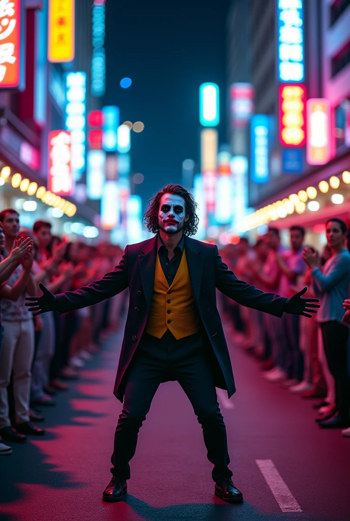 Realistic, theme is "Neon City at Night", a man performing a pantomime on the street of a neon city at night, wearing makeup like the Joker, people around him are clapping, sophisticated design, advanced lighting technology, live-action photo 8K quality