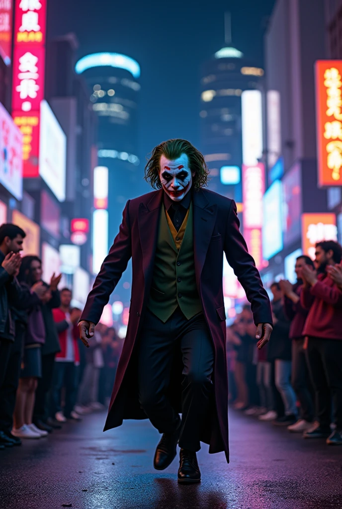 Realistic, theme is "Neon City at Night", a man performing a pantomime on the street of a neon city at night, wearing makeup like the Joker, people around him are clapping, sophisticated design, advanced lighting technology, live-action photo 8K quality