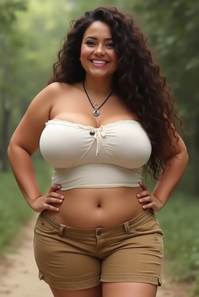 full body view, fat Plus Size white, fat Young,overweight,big bust, plus size fat, 18 years old, young face, friendly smile, curly black hair long to the shoulders, full bust with curves, wide hips outlined with curves, buttocks big with curves, nude, full body view, scenery, legs apart positioned on a tree trunk in a clearing with bushes, sunny day, clear and bright day, incredibly beautiful, 8k resolution, photorealistic