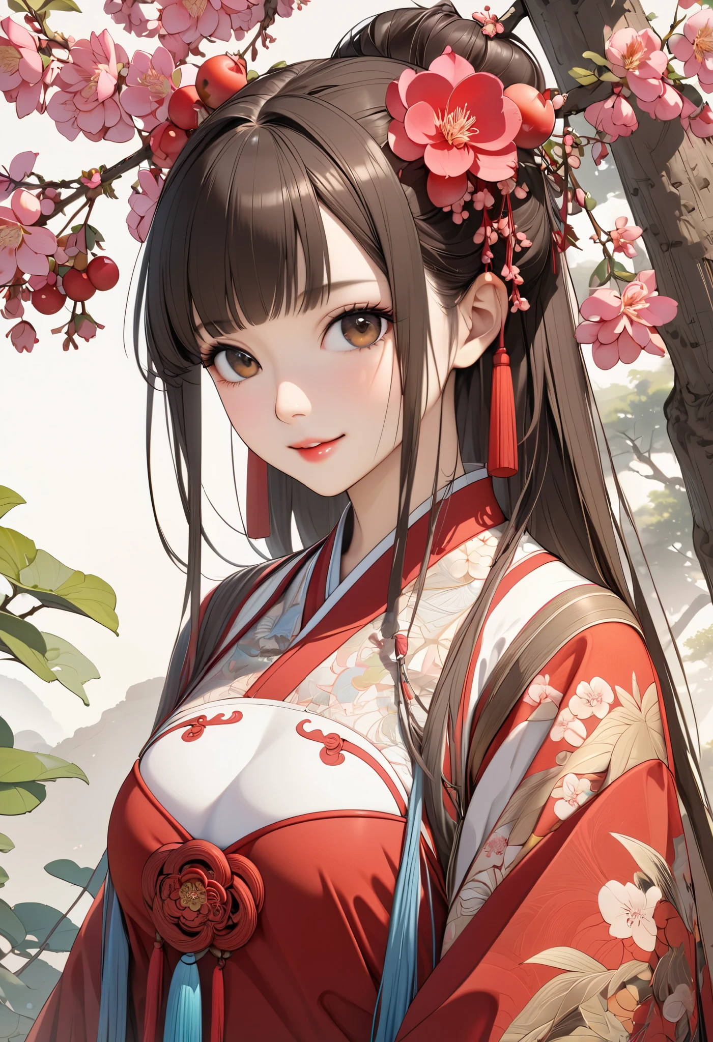 masterpiece,  super detail,  High Quality ,  very detailed, 8k wallpaper, A beautiful single daughter ,  ancient Chinese clothing , full body, Beautiful brown eyes,  pink lips, Beautiful nose, A neat and beautiful face,  looks at me and smiles gently , Mid-chest,  has an anatomically accurate and beautiful figure, Beautiful Skin, natural clean background , Sunshine, Wolfberry flower ,   next to a jujube tree  ,   detailed illustration art, 