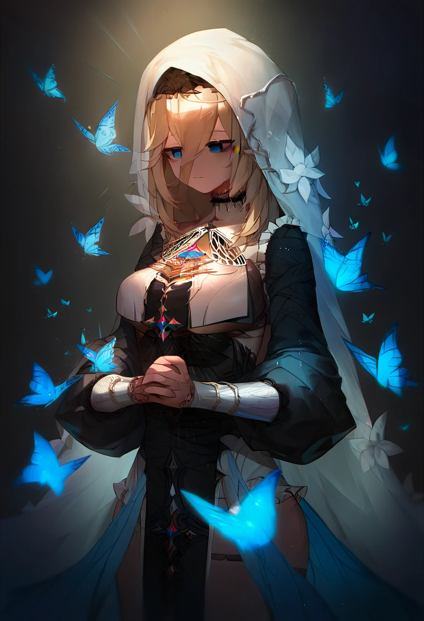 (aponia, nun, def clothe), 1girl, breasts, bangs,blue eyes,long hair, hair between eyes, blue butterfly, longsleeves,veil,