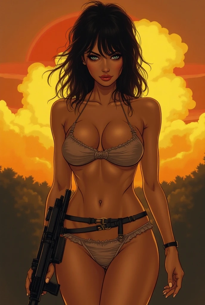 sexy girl semi desnuda, Profile, sexy look, comic illustration style, Retro style, comic, manga, marvel style, Dark, Violent, Armada, aggressive, dark, evil, malevolent, beautiful, white, night, Violento, sonrisa evil, aggressive, comic illustration, posando Profile, with a gun in his hand, crouched, Marker drawing style