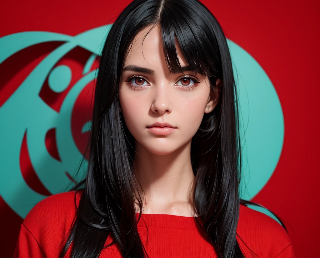 ,score_9,score_8_up,score_7_up, 20 years old, 8k, hd, beautiful girl, black hair, very long hair, straight hair, closed mouth,
1girl, detailed face, beautiful woman's face, sweater, red background, looking at viewer,