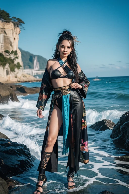 A lovely, young  beautiful, attractive & charming cyberpunk girl, 18yr old, wearing  native japanese facial features, wearing a ninja costume, ( holding treasure samurai sword), with a gaint tortoise by her side, casting a torching bolt from hands, super photographic detail, wearing a cyber punk armored design, full body view, Social Media Composition, Character Sheet Full-Length, ocean cliff background, showing waves of water splashing, from the rocky beach cove, wearing a native cyberpunk tribal design, wearing a lots of illuminating pearls and shards design like a princess, (riding koi fish nxt by her side, standing on a squids background, with emince size & proportion), stunning tribal long wavy hairstyles, sultan leaf head bands, anatomically correct human anatomy and face details, Smile, anatomical correct facial details, multi  color tribsl tattoos,High Resolution,