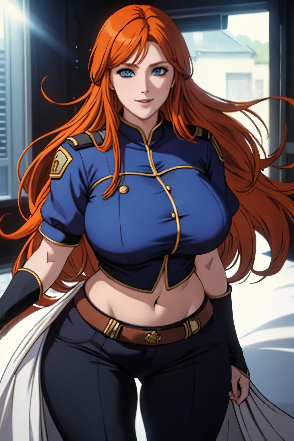 Woman , long orange hair, ginger hair, blue eyes, smiling, White armors, black pants, big boobs, wide hips, large thighs,