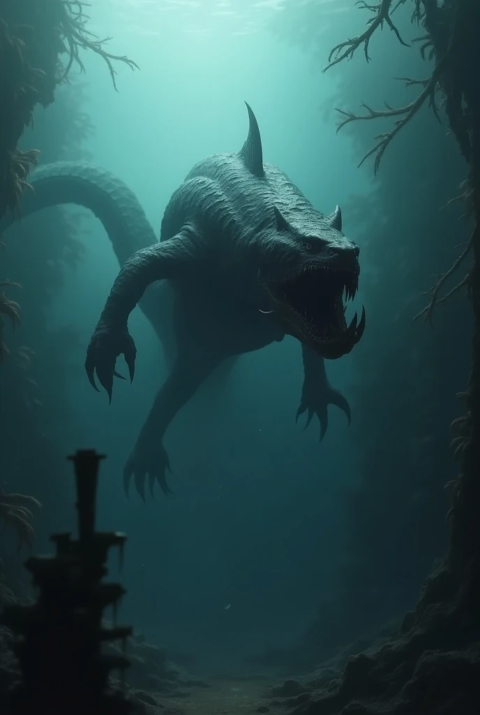 hyper realistic Titanoboa vs big shark  bettle face to face 