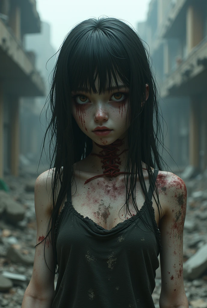 Creepy Korean woman with a strange visage, zombie-like stunningly beautiful, sitting within a nightmarish, deteriorating experimental facility, with dark black hair featuring full, straight bangs, red glowing eyes that pierce the soul, dressed in a short ensemble, her expressionless gaze seemingly inviting with a macabre allure, amidst a backdrop of decaying bodies, dark manga influence, close up