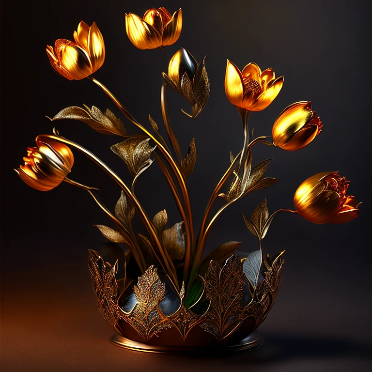  great quality 、 (8k、 RAW photo、Realistic)、Metal Plated Artificial Flowers 、blue tulip、Gothic Garden 、Detailed, detailed depictions and flashy 、 dynamic painting method 、 professional flaming lighting