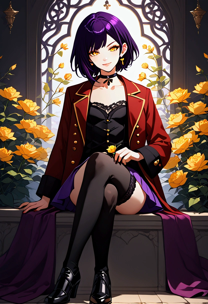 Androgynous femboy, dark purple bob hair with red highlights, orange-yellow eyes, mole under the left eye, lined eyelashes, amused smile, slender defined body, flat chest, earrings in the ears, purple nails, black hair bow, black choker, red open overcoat, purple cropped, purple short skirt, black 3/4 socks, black boots with heels, crossdressing, crossed legs, holding a flower, anime style.