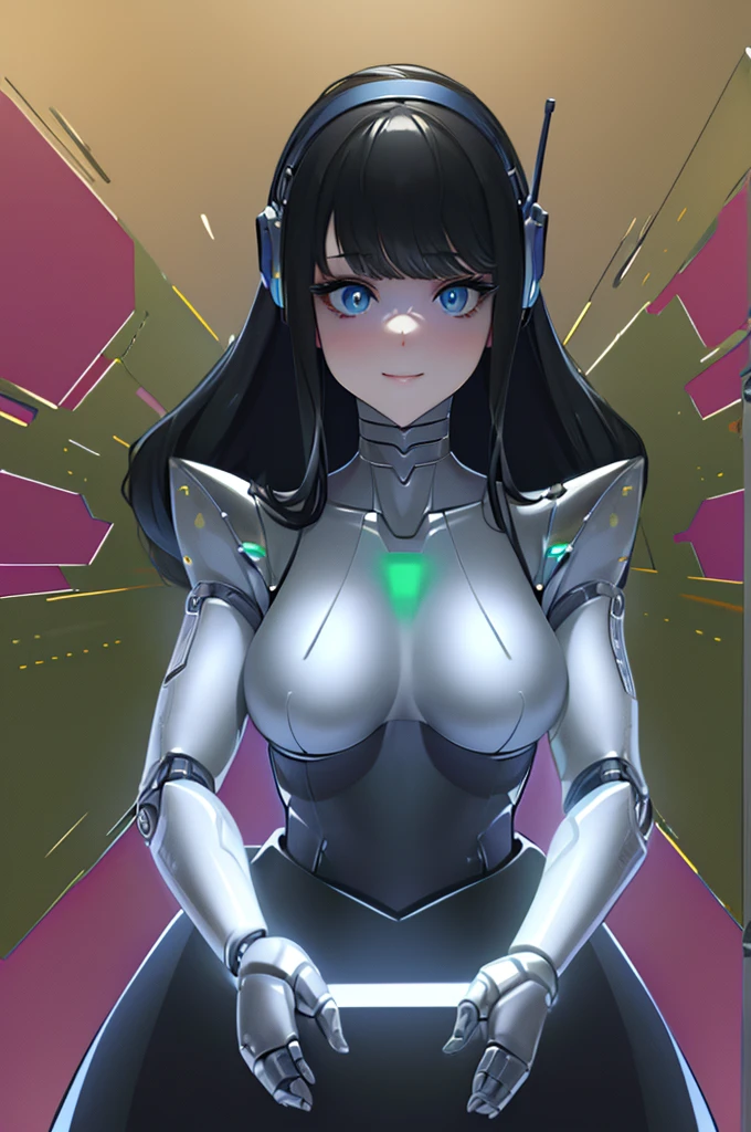 (masterpiece),(Highest quality),(Super detailed),(Best illustrations),(Best Shadow),(Absurd),(Detailed Background),(so beautiful), 16K, 8K, 4K,(Best Shadow),robotization,woman ,big bust,Robot Joint ,Metal skin,Black robot Suit,long hair,a black robot suit that covers the whole body,robot hand,cyber bodysuit,mecha head,(Detailed hands and fingers:1.2),Ball joint robot body,doll joint,beautiful face,beautiful robot girl,robotic eye,robotic hands,(no more human skin),android girl,cyborg girl,F cup, sexy body,(machine made joints:1.2),(machanical limbs:1.1),(blood vessels connected to tubes),(mechanical vertebra attaching to back),(mechanical cervial attaching to neck),no messy picture style,no emotion,tech control,black robot suit,maintenance,smile